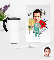 BK Gift Kişiye Özel Bay Cerrah Karikatürlü Beyaz Defter Kalem ve Termos Mug Seti - 1 (Model 1)
