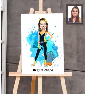 Kişiye Özel Dalgıç Karikatürlü Ahşap Tablo 30x47  Bayan-1