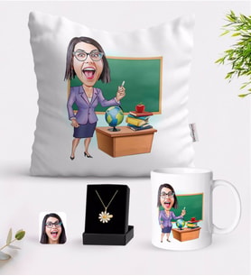 BK Gift Kişiye Özel Bayan Öğretmen Karikatürlü Beyaz Kupa Yastık ve İsimli Papatya Kolye Hediye Seti-1 (Model 1)
