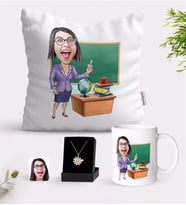 BK Gift Kişiye Özel Bayan Öğretmen Karikatürlü Beyaz Kupa Yastık ve İsimli Papatya Kolye Hediye Seti-1 (Model 1)