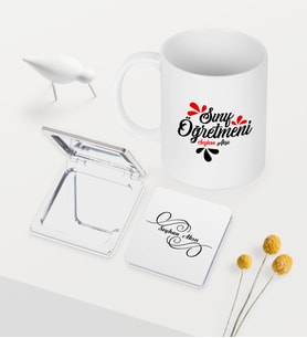 BK Gift Kişiye Özel Sınıf Öğretmeni Temalı Beyaz Kupa Ayna Seti - 1