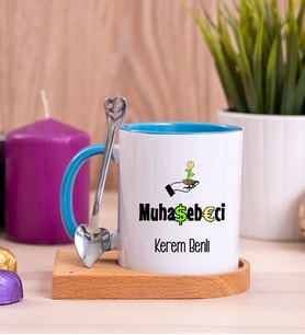 Muhasebeci Ahşap Altlıklı Mavi Kupa Bardak
