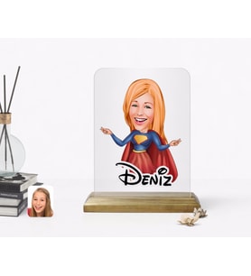 BK Gift Kişiye Özel Süper Kız Karikatürlü Ahşap Standlı Çerçeve (Beyaz)