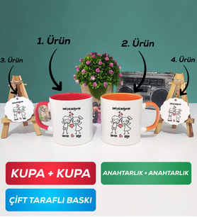 İkili Kırmızı Turuncu Kişiye Özel Sevgililer Günü Hediyesi Kupa Bardak Anahtarlık Hediye Seti