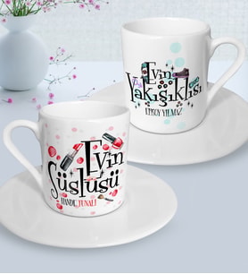 BK Gift Kişiye Özel İkili Evin Süslüsü Yakışıklısı Türk Kahvesi Fincanı Seti - 4 (Beyaz)