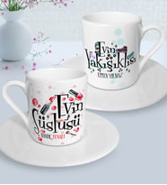 BK Gift Kişiye Özel İkili Evin Süslüsü Yakışıklısı Türk Kahvesi Fincanı Seti - 4 (Beyaz)
