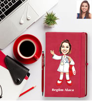 Kişiye Özel Doktor Karikatürlü Kırmızı Defter Kalem Hediye Seti Bayan-1