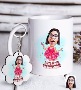 BK Gift Kişiye Özel Bayan Doğum Günü Karikatürlü Beyaz Kupa ve Anahtarlık Hediye Seti-1 (Model 1)