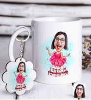 BK Gift Kişiye Özel Bayan Doğum Günü Karikatürlü Beyaz Kupa ve Anahtarlık Hediye Seti-1 (Model 1)