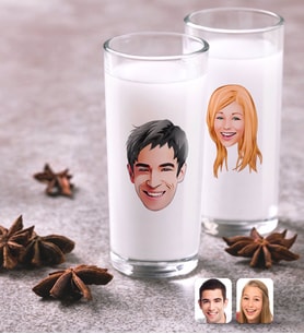 BK Gift Kişiye Özel Renkli Baskılı Erkek ve Bayan Yüz Karikatürlü İkili Rakı Bardağı Seti (Beyaz)