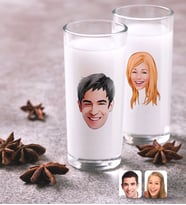 BK Gift Kişiye Özel Renkli Baskılı Erkek ve Bayan Yüz Karikatürlü İkili Rakı Bardağı Seti (Beyaz)