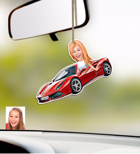 BK Gift Kişiye Özel Bayan Ferrari F12 Karikatürlü Ahşap Plakalı Araba Dikiz Ayna Süsü (Beyaz)