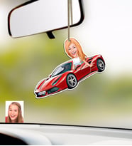 BK Gift Kişiye Özel Bayan Ferrari F12 Karikatürlü Ahşap Plakalı Araba Dikiz Ayna Süsü (Beyaz)