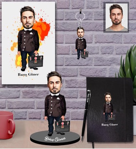 Kişiye Özel Seksenler Siyah Önlük Karikatürlü 5 li Hediye Seti Bay-1