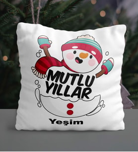 Kişiye Özel Mutlu Yıllar Kardan Adam Tasarımlı Saten Yastık (Beyaz)