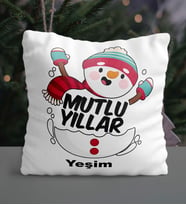 Kişiye Özel Mutlu Yıllar Kardan Adam Tasarımlı Saten Yastık (Beyaz)