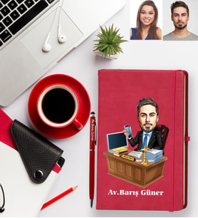 Kişiye Özel Avukat Karikatürlü Kırmızı Defter Kalem Hediye Seti Bay-2
