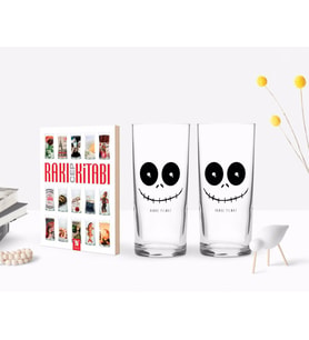 BK Gift Kişiye Özel Renkli Baskılı Sevimli Korkunç Yüz Tasarımlı İkili Rakı Bardağı ve Rakı Cep Kitabı Hediye Seti-1 (Model 1)