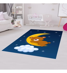 Ayıcıklı Ayı Desenli Halı Dijital Baskı Yıkanabilir Kaymaz Taban Çocuk Odası Halısı (Lacivert)