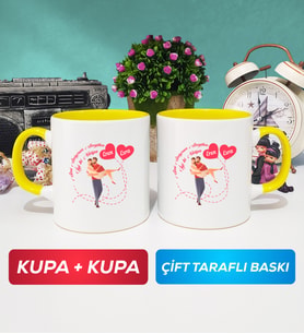 İkili Sevgiliye Sevgililer Günü Hediyesi 2 Kupa Bardak Sarı
