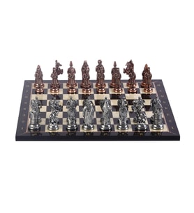 Büyük Boy Metal Osmanlı Bizans Satranç Takımı Antik ve Ceviz Desenli MDF Ahşap Satranç Tahtası (37x37 cm.)