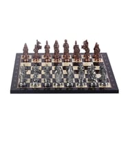 Büyük Boy Metal Osmanlı Bizans Satranç Takımı Antik ve Ceviz Desenli MDF Ahşap Satranç Tahtası (37x37 cm.)