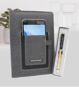 Kişiye Özel Telefon Cepli Gri Defter & Gold Siyah Renk Roller Kalem Hediye Seti (Siyah)