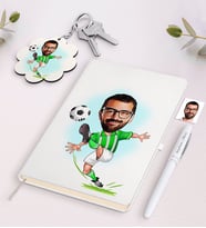 BK Gift Kişiye Özel Yeşil Beyaz Futbolcu Karikatürlü Beyaz Defter Kalem ve Anahtarlık Hediye Seti (Model 1)