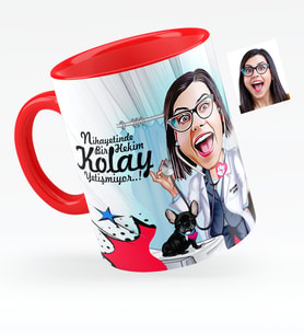 BK Gift Kişiye Özel Bayan Veteriner Hekim Karikatürlü Kırmızı Kupa Bardak  1