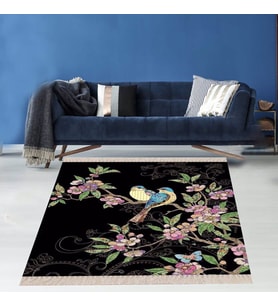 Ağaç ve Kuşlar Desen Dijital Baskı Yıkanabilir Modern Salon Halı ve Yolluk (Siyah)
