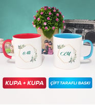 İkili Çiçek Tasarımlı İsme Özel Kupa Bardak Kırmızı Mavi