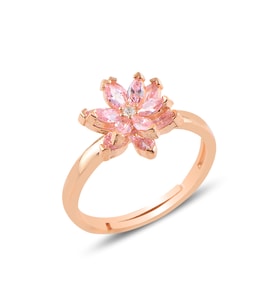 BARIŞ TAKI 925 Ayar Gümüş Rose Pembe Taşlı Lotus Çiçeği Yüzük
