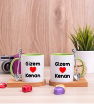 Sevgililere Özel İsim Yazılı Ahşap Altlıklı İkili Yeşil Kupa Bardak