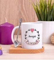 İsim Yazılı Tarihli Ahşap Altlıklı Beyaz Kupa Bardak