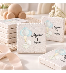 30 Adet Kişiye Özel Baskılı Doğal Taş Magnet 5x5cm Doğum Günü, Hoşgeldin Bebek (Beyaz)