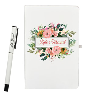 Kişiye Özel Tasarımlı Şık Çiçek Desenli Defter Ve Roller Kalem Seti