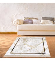 Mermer Desenli Gold Şeritli Çerçeveli Dijital Baskı Yıkanabilir Kaymaz Taban Modern Salon Halısı (Beyaz)