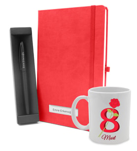 8 Mart Dünya Kadınlar Gününe Özel Kupa  & Kırmızı Defter & Siyah Mat Roller Kalem Hediye Seti (Model 1)