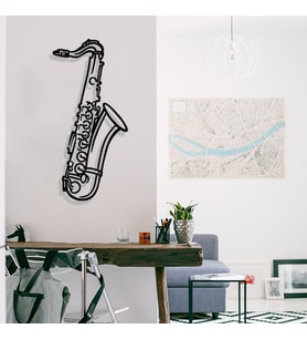 New Jargon - Jazz Music Kontürlü Saksafon Tasarım Metal Tablosu 65x30cm (Siyah)