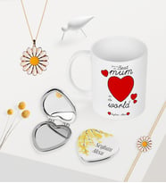BK Gift Kişiye Özel Dünyanın En İyi Annesi Kupa Kalp Ayna Papatya Kolye Bileklik Seti-12 (Model 1)