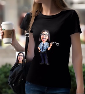 BK Gift Kişiye Özel Bayan Polis Karikatürlü Siyah T-Shirt