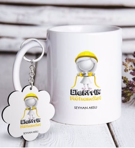 BK Gift Kişiye Özel Mesleki Elektrik Mühendisi Beyaz Kupa ve Anahtarlık Hediye Seti-2 (Model 1)