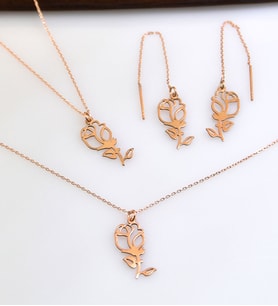 Papatya Silver 925 Ayar Gümüş Rose Kaplama Gül Kolye Küpe Bileklik Set