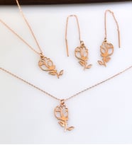 Papatya Silver 925 Ayar Gümüş Rose Kaplama Gül Kolye Küpe Bileklik Set