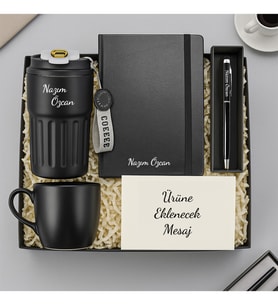 Kişiye Özel 440 ML Siyah Termos & Siyah Kupa & Siyah Defter & Kalem Premium Hediye Seti