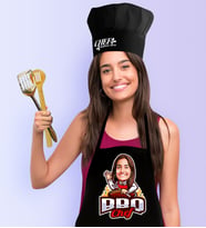 BK Gift Kişiye Özel Bayan Barbekü Chef Karikatürlü Siyah Mutfak Önlüğü Aşçı Şapkası Seti (Model 1)