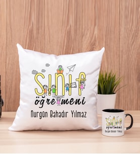 Sınıf Öğretmeni Kare Yastık ve Siyah Kupa Bardak