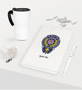 BK Gift Kişiye Özel Polis Temalı Beyaz Defter Kalem Termos Mug Seti - 2 (Model 1)