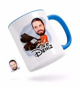 BK Gift Kişiye Özel Erkek Piyanist Karikatürlü Mavi Kupa Bardak
