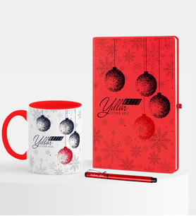 BK Gift Kişiye Özel Yılbaşı Mutlu Yıllar Temalı Kırmızı Defter Kalem Kupa Seti - 13